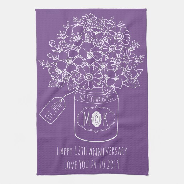 Monogram Wildflowers Bouquet Hand-Drawn Mason Jar Tea Towel (Vertical)