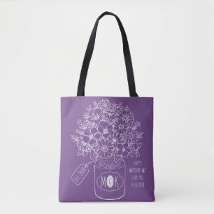 Monogram Wildflowers Bouquet Hand-Drawn Mason Jar Tote Bag