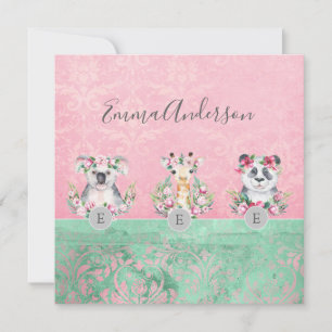 Monogram Wildlife Girls Boho Jungle Animals Pretty Invitation