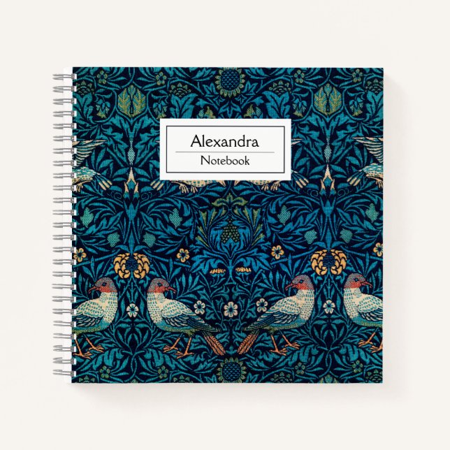 Monogram William Morris art pattern l Birds Navy Notebook (Front)