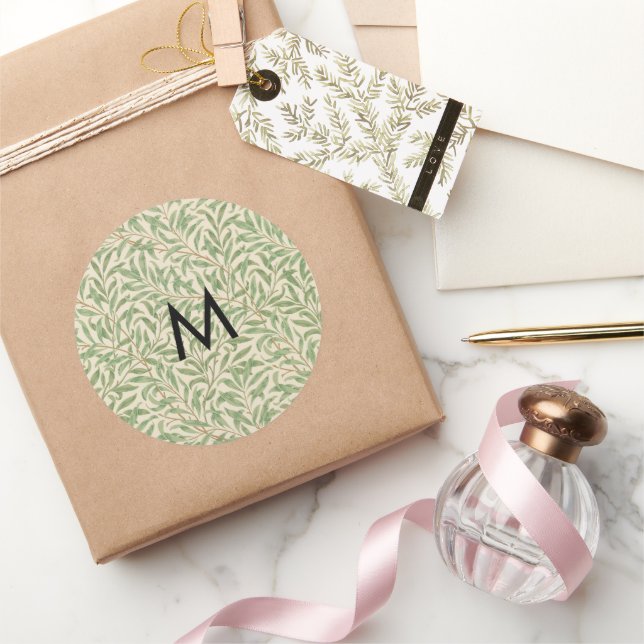 Monogram William Morris Willow Bough Pattern Classic Round Sticker (Gifting)