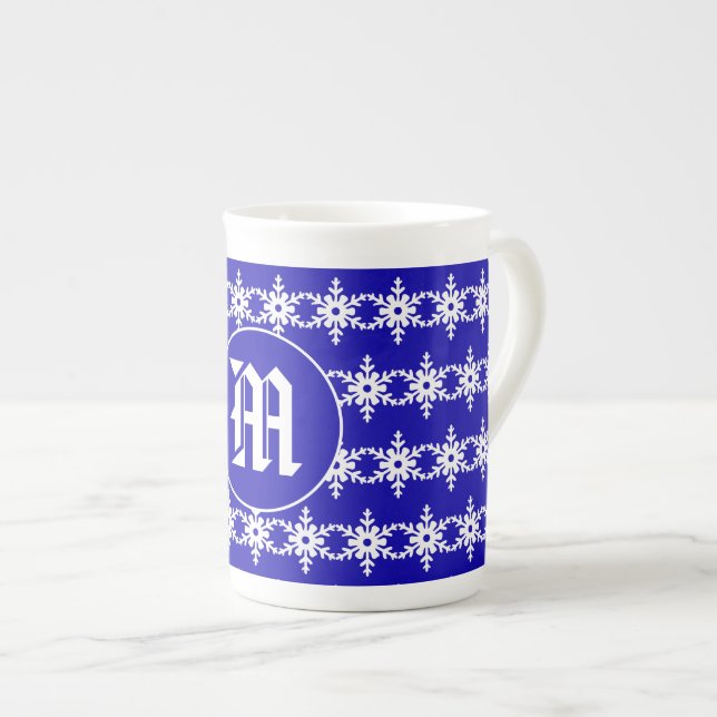 Monogram Winter Blue and White Snowflakes Pattern Bone China Mug (Front Right)