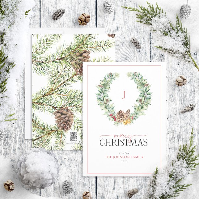 Monogram Winter Cone Berry Wreath Merry Christmas  Holiday Card (Creator Uploaded)