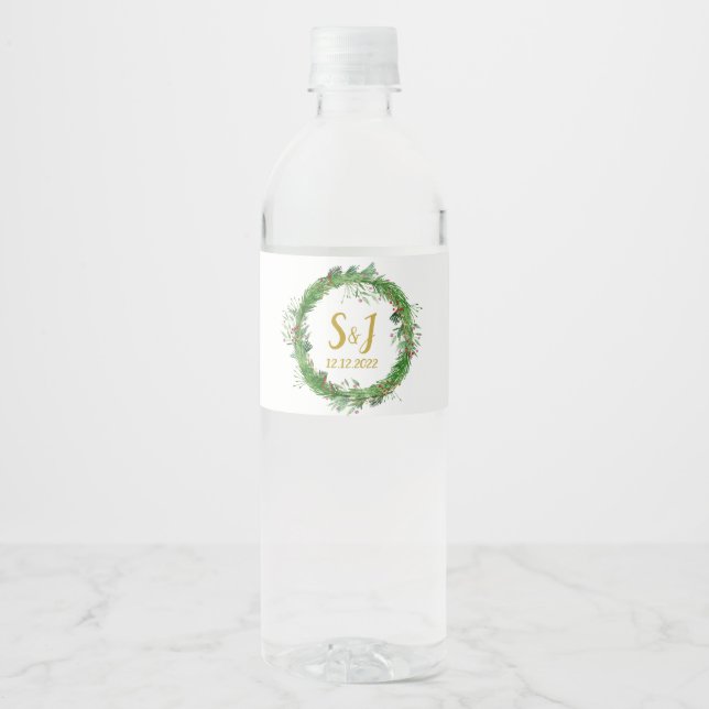 Monogram | Winter Greenery  Wreath Wedding Favour Water Bottle Label (Front)