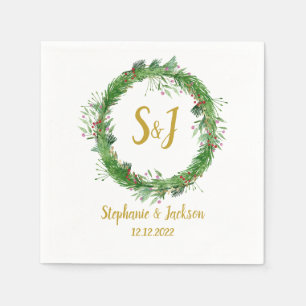 Monogram Winter Greenery Wreath Wedding Napkin