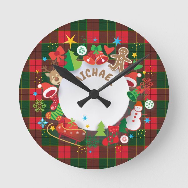 Monogram Winter Holiday Christmas Symbols Pattern Round Clock (Front)
