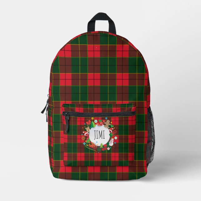 Monogram Winter Holiday Christmas Tartan Pattern Printed Backpack (Front)