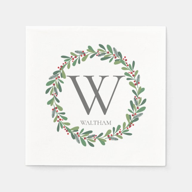 Monogram Winter Sprigs Christmas Cocktail Napkin (Front)