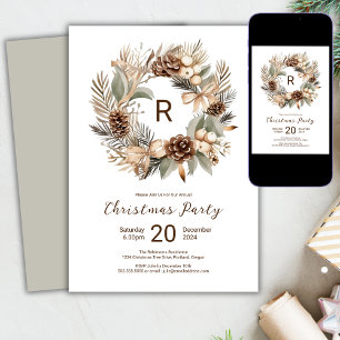  Monogram Winter Wreath Christmas Party  Invitation