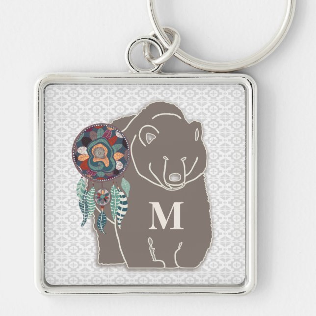 Monogram with Bear in Brown Native American Theme Key Ring (Front)