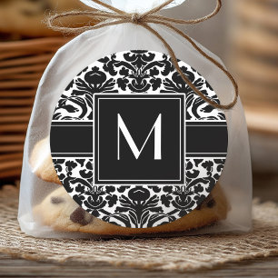 Monogram with Black and White Damask Classic Round Sticker