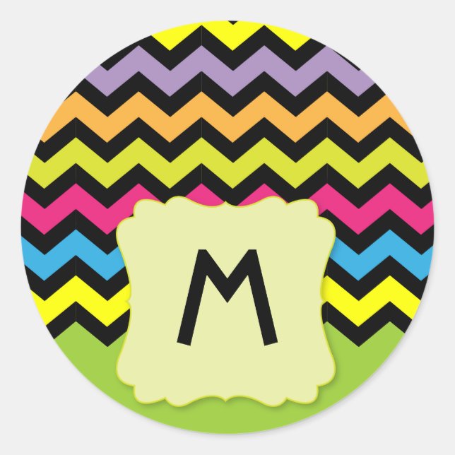 Monogram with Black Chevrons & bright colours Classic Round Sticker (Front)