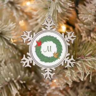 Monogram with Cardinals in Evergreen Wreath Snowflake Pewter Christmas Ornament