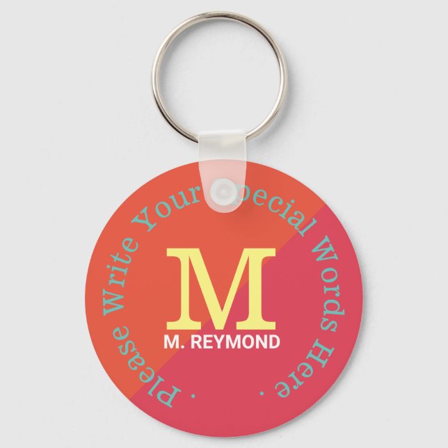 monogram with custom text on two tone reddish key ring (Front)