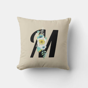 Monogram with Floral Spray in Aqua and White Cushion