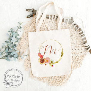 Monogram with Floral Wreath in Pink and Gold Tote Bag