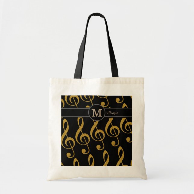 monogram with golden musical notes tote bag (Front)