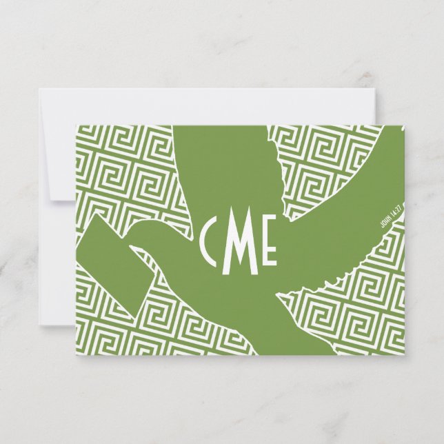 Monogram with Greek Key Carrier Dove Note Card (Front)