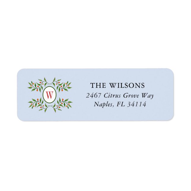 Monogram with Greenery Pale blue  Return Address Label (Front)