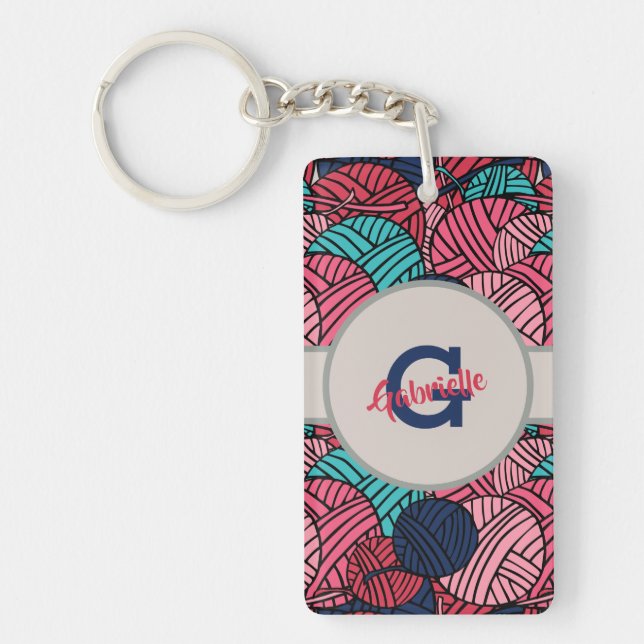 Monogram with Knitting Balls of Yarn Key Ring (Front)