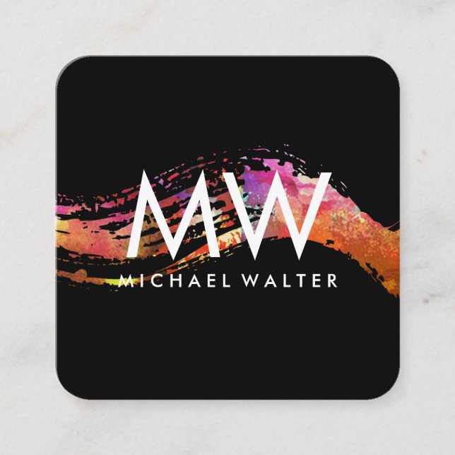 Monogram with Modern Watercolor Brushed Square Business Card (Front)