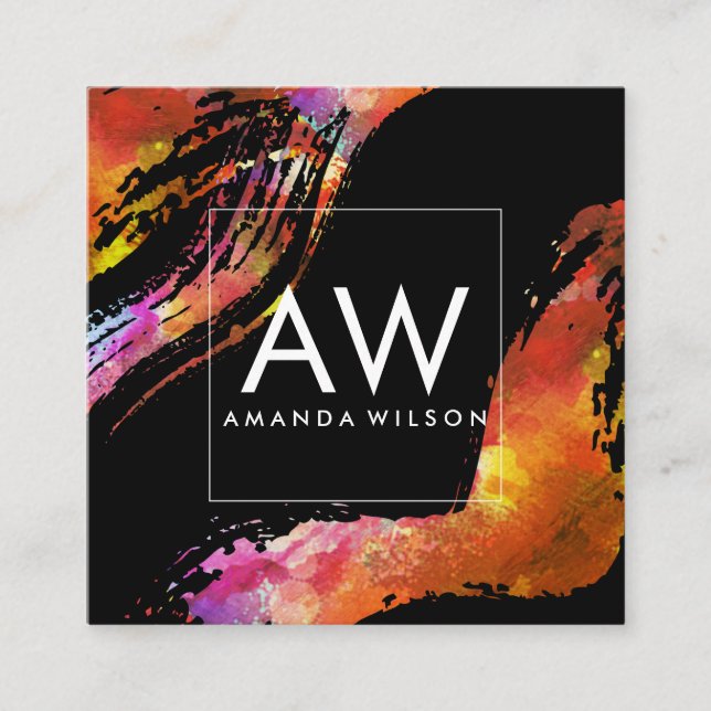 Monogram with Modern Watercolor Brushed Square Business Card (Front)