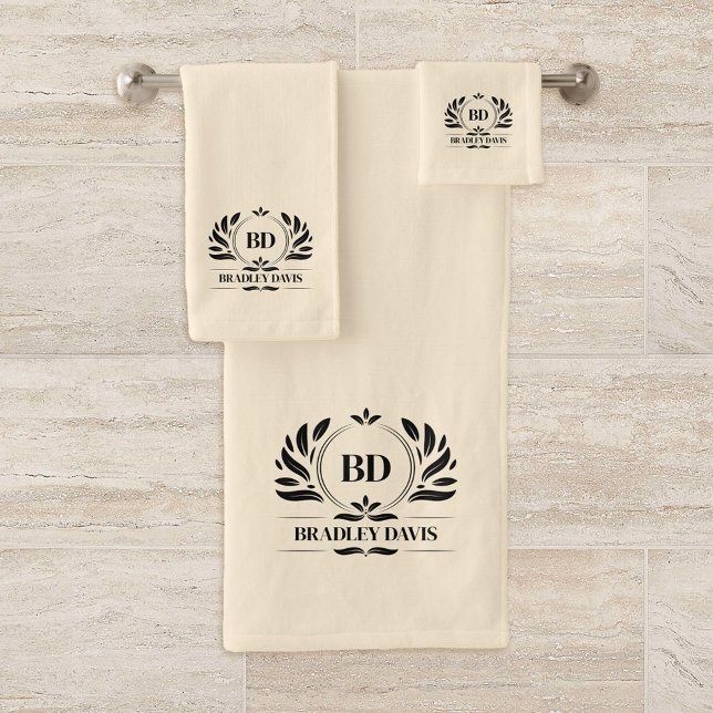 Monogram With Name Cream Black Elegant Bath Towel Set (Creator Uploaded)