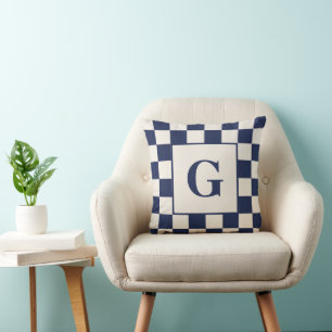 Monogram with Navy Cream Chequered Border Cushion