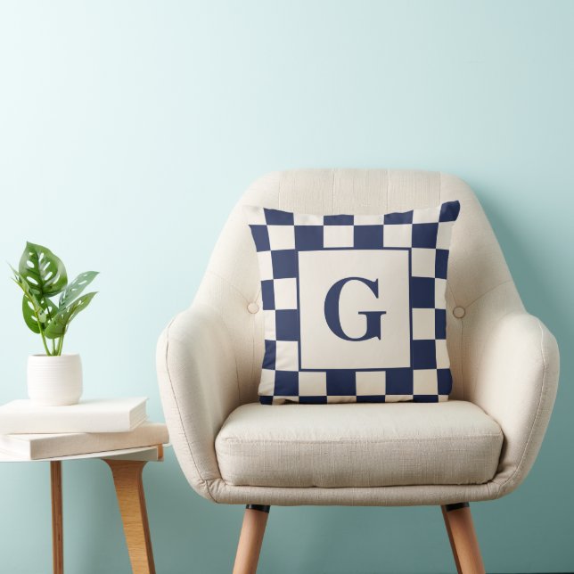 Monogram with Navy Cream Chequered Border Cushion (Chair)