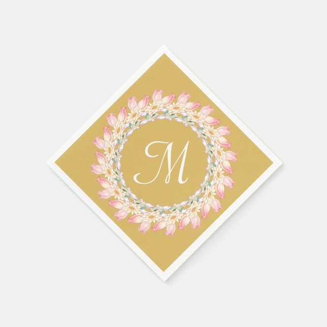 Monogram with Pink Roses and Water Lilies Frame Napkin (Corner)