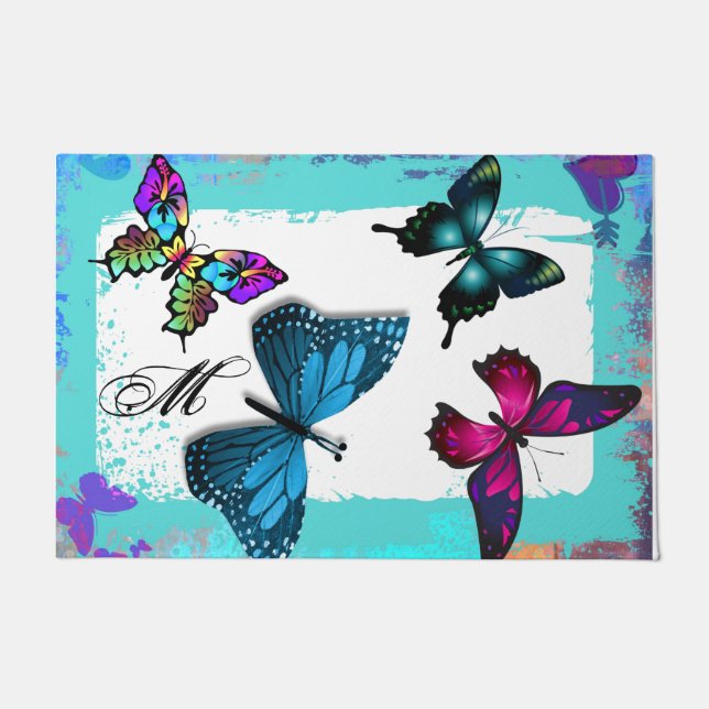 Monogram with Realm  Morpho Aqua Butterflies Doormat (Front)