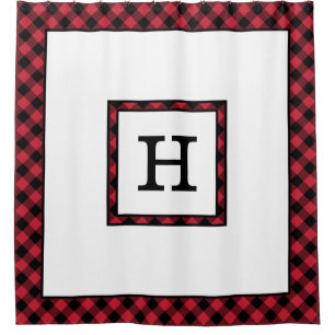Monogram with Red Black Buffalo Check Border Shower Curtain
