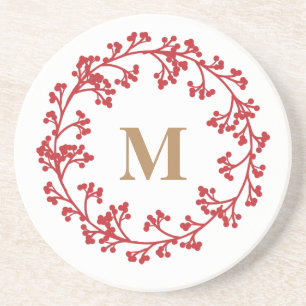Monogram with Red Christmas Berry Wreath Coaster