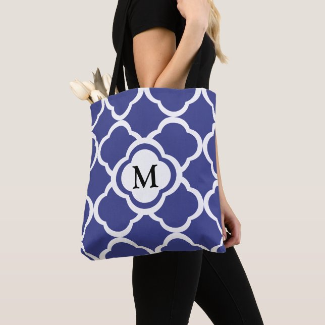 Monogram With Royal Blue Floral Quatrefoil Pattern Tote Bag (Close Up)