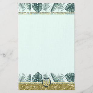 Monogram with tropical leaves and glitter stationery