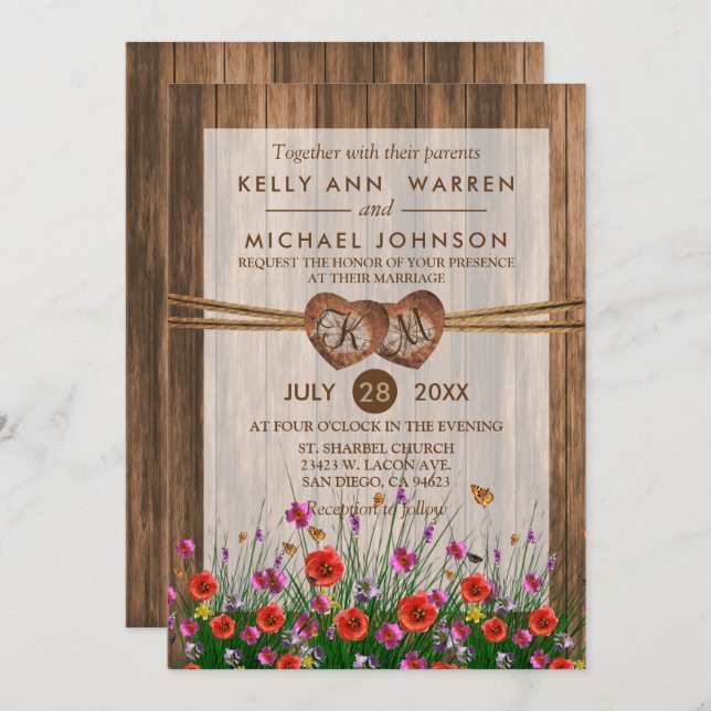 Monogram Wood Hearts with Beautiful Wildflowers Invitation (Front/Back)