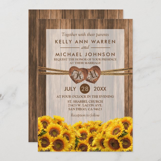 Monogram Wood Hearts with Country Sunflowers Invitation (Front/Back)