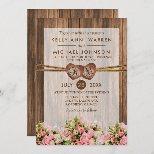 Monogram Wood Hearts with Pink and White Roses Invitation (Front/Back)
