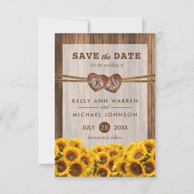 Monogram Wood Hearts with Sunflowers Save The Date (Front)
