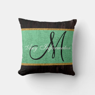 Monogram Wood Look Mint Green Burlap Rustic Cushion