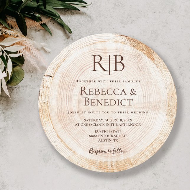 Monogram Wood Tree Grain Unique Rustic Wedding  Invitation (Custom monogram rustic wood cut slice round wedding invitation card.)