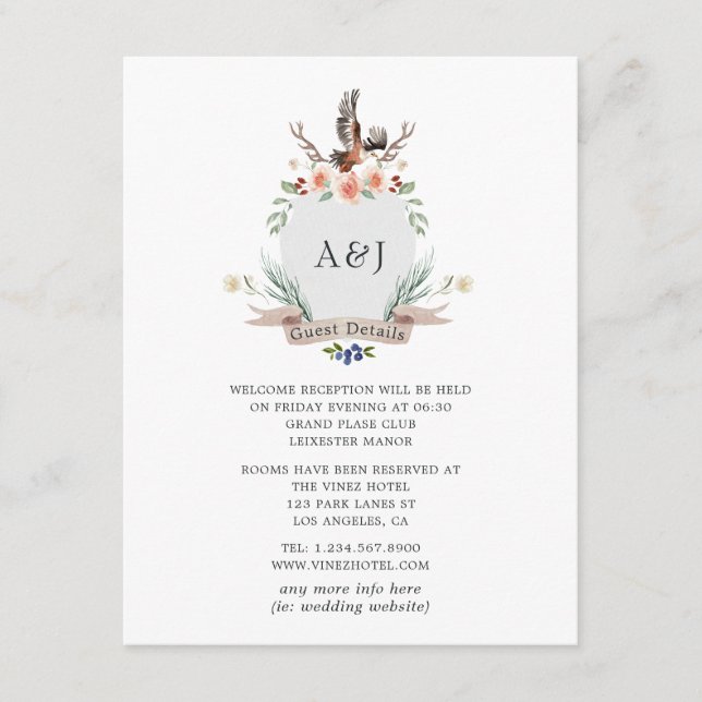Monogram Woodland Crest Wedding Guest Details Enclosure Card (Front)