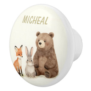 Monogram woodland forest animals ceramic knob