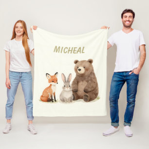 Monogram woodland forest animals fleece blanket