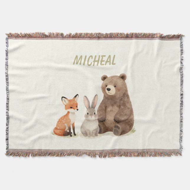 Monogram woodland forest animals  throw blanket (Front)