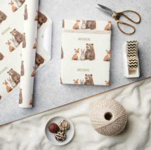 Monogram woodland forest animals wrapping paper