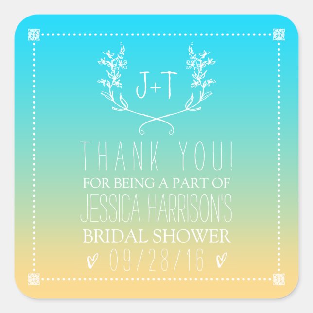 Monogram Wreath Beach Ombre Bridal Shower Square Sticker (Front)