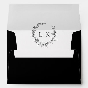 Monogram Wreath Black   White Classic Wedding Envelope