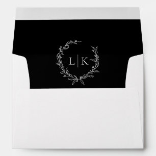 Monogram Wreath Black White Classic Wedding Envelope
