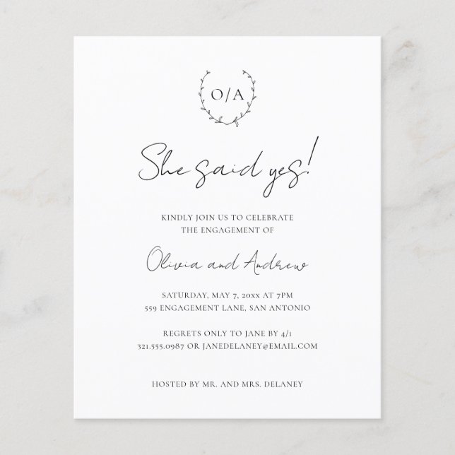 Monogram Wreath Budget Engagement Party Invitation (Front)